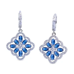 Rhodium Plated with Simulated Sapphire & Cubic Zirconia Drop Hoop Earrings - Picture 1 of 2