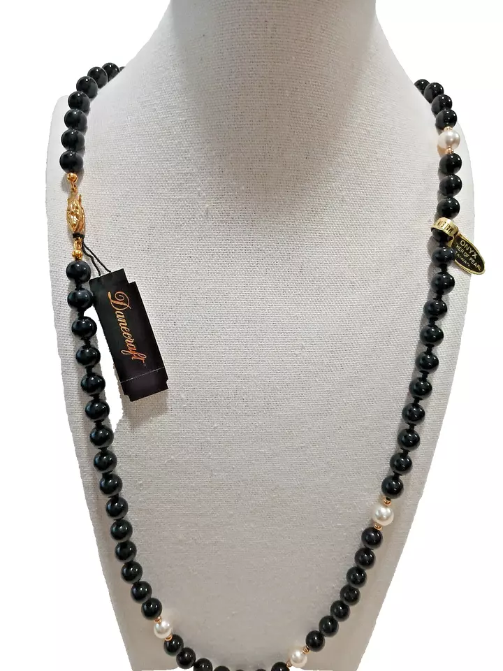 Ónice Negro Collar 30" 8MM Danecraft 8MM Nácar Cuentas Mano Nudo Nuevo - Imagen 1 de 4