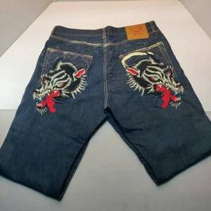 Vtg. Rare Ed Hardy Men's 40x34 (27) Act Wolves Embroidered Denim Dark Wash Jeans - Picture 1 of 11