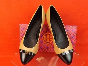 NUEVO EN CAJA TORY BURCH NEGRO CUERO BEIGE HUGO PUNTERA ORO REVA BALLET PLANO 9,5 $235 - Imagen 1 de 11