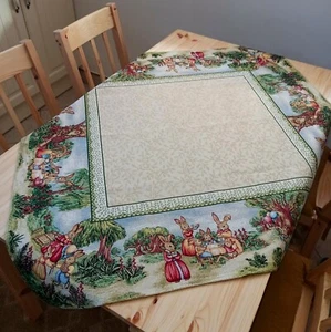 Easter Tablecloth Green Bunny Eggs Holiday Tapestry Table Cover Golden Threads - Picture 1 of 6