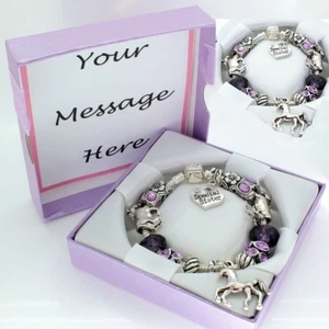 Girls Horse Pony Bracelet PERSONALISED BOX Purple Beads Birthday Gifts FREEPOST - Picture 1 of 4