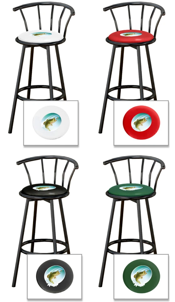 Taburete de bar con temática de pez lubina de 24" o 29" de alto asiento giratorio de metal negro con respaldo  Foto 1 de 1