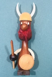 Vintage Viking Gonk Wooden Teak Figure Red Beard Spear Shield MCM 5 5/16” (BC) - Picture 1 of 5