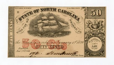 1864 Cr.149B1 50c The State of NORTH CAROLINA Note - CIVIL WAR Era AU - Image 1 of 2