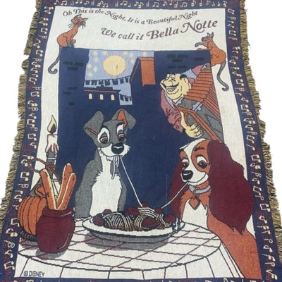 READ Vintage Disney Lady And The Tramp Tapestry Throw Blanket Bella Notte Song - Image 1 of 4