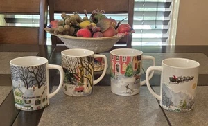 Set of 4 Pottery Barn Winter Village Coffee Cups Tea Mugs Holiday NWOB Classic - Picture 1 of 16