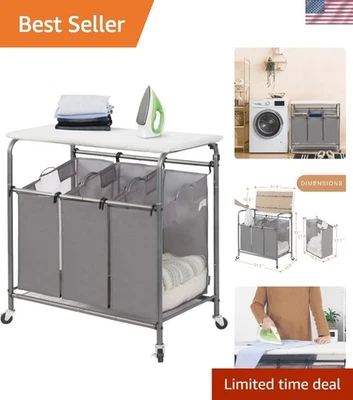 Laundry Sorter with Foldable Ironing Board Large Capacity 3 Section Rolling Cart - Image 1 of 4
