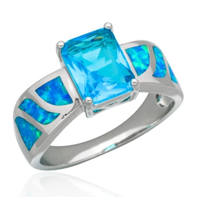 Anillo Joyería Plata Ópalo de Fuego Azul Topacio Azul Simulado Radiante 7x9 Talla 7 8 9 Foto 1 de 4