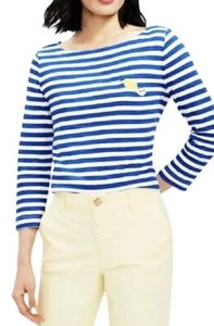 LOFT Lemon Stripe Harbor Tee Knit Top Blue White Yellow 3/4 Sleeve Size XS - Picture 1 of 8