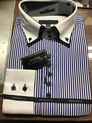 Camisa de vestir para hombre cuello doble capa, botón cuadrado, rayas estilo dos tonos #606 Foto 1 de 4
