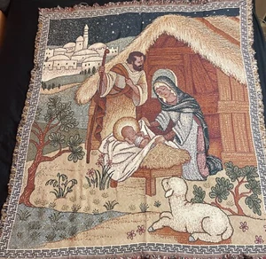 Nativity Manger Jesus Christmas Tapestry Blanket Throw Wall Hanging 54” X 47” - Picture 1 of 7