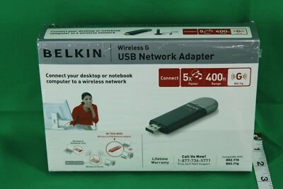 NEW OPEN BOX BELKIN USB WIRELESS ADAPTER G COMPLETE WITH STAND SOFTWARE MANUAL - Image 1 of 4