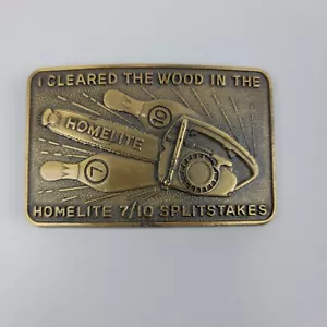 Vintage Solid Brass Homelite Chainsaw 7/10 Splitstakes Belt Buckle 3.5x2.25 EUC - Picture 1 of 4