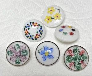 6 Vintage Milk Glass Buttons Flowers Yellow Daisy Purple Blue Reds Just Shy 3/4" - Picture 1 of 6