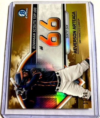 2023 Bowman Chrome #BTP-66- AEVERSON ARTEAGA Scouts Top 100 RC SP Gold Refractor - Image 1 of 2