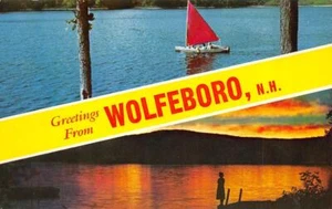 NH, New Hampshire  WOLFEBORO LARGE LETTER CHROME  Sailboat & Sunset  Postcard - Picture 1 of 2