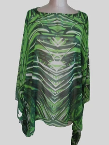 DG2 DIANE GILMAN GREEN PRINT PONCHO STYLE COVER UP DRESSY/ POOL /BEACH! EXCLNT! - Picture 1 of 6