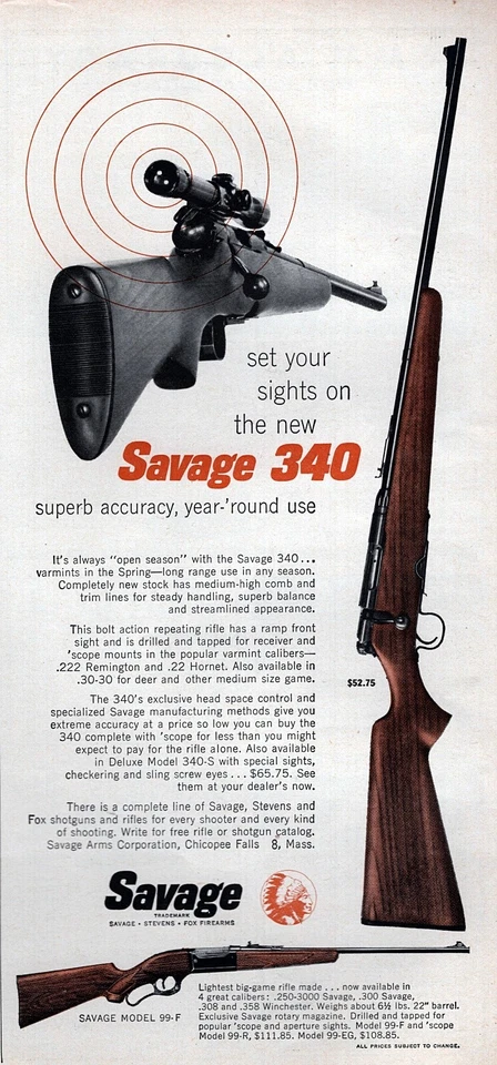 Rifle Savage Modelo 340 1956 anuncio impreso en color original Foto 1 de 1