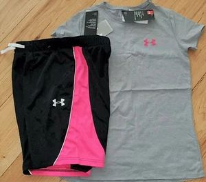 Under Armour gray logo top & black/pink long shorts NWT girls' L YLG - Picture 1 of 2