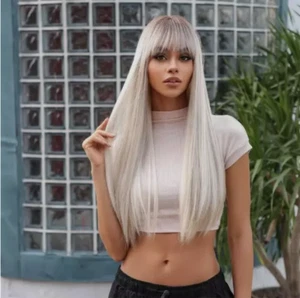 Real hair Fashion Sexy Women Long Blonde Straight Human Hair Wigs 26In - Picture 1 of 7