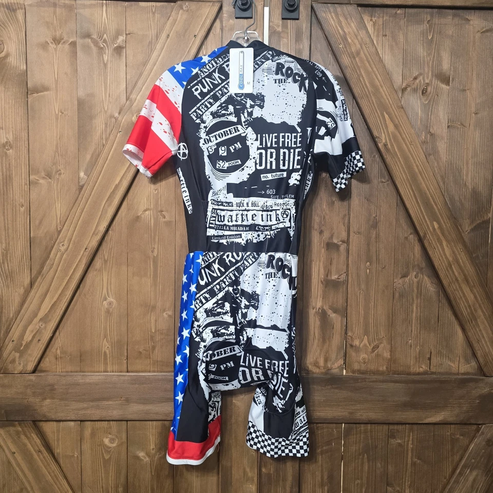 NUEVO CON ETIQUETAS CoolMax Traje de Ciclismo Mediano - Gráfico Punk Rock Bandera de EE. UU. Carrera Una Pieza Foto 1 de 4