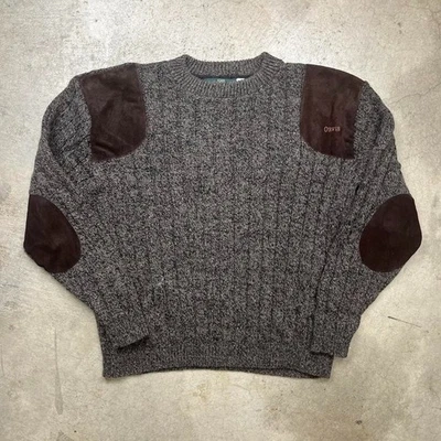 Vintage Orvis Sweater Brown Crewneck Suede Leather Elbow Shoulder Wool Pullover - Image 1 of 4