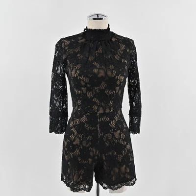 ALEXIS 女式 Jing 黑色蕾丝图案连身裤 XS 码模拟领 3/4 袖别致 — 第 1/4 张图片