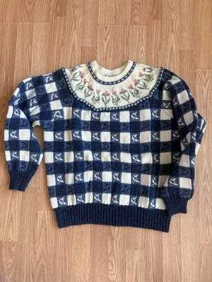 Suéter de lana Susan Bristol 1989 talla 38 azul/blanco/púrpura rosa y amarillo flores Foto 1 de 3