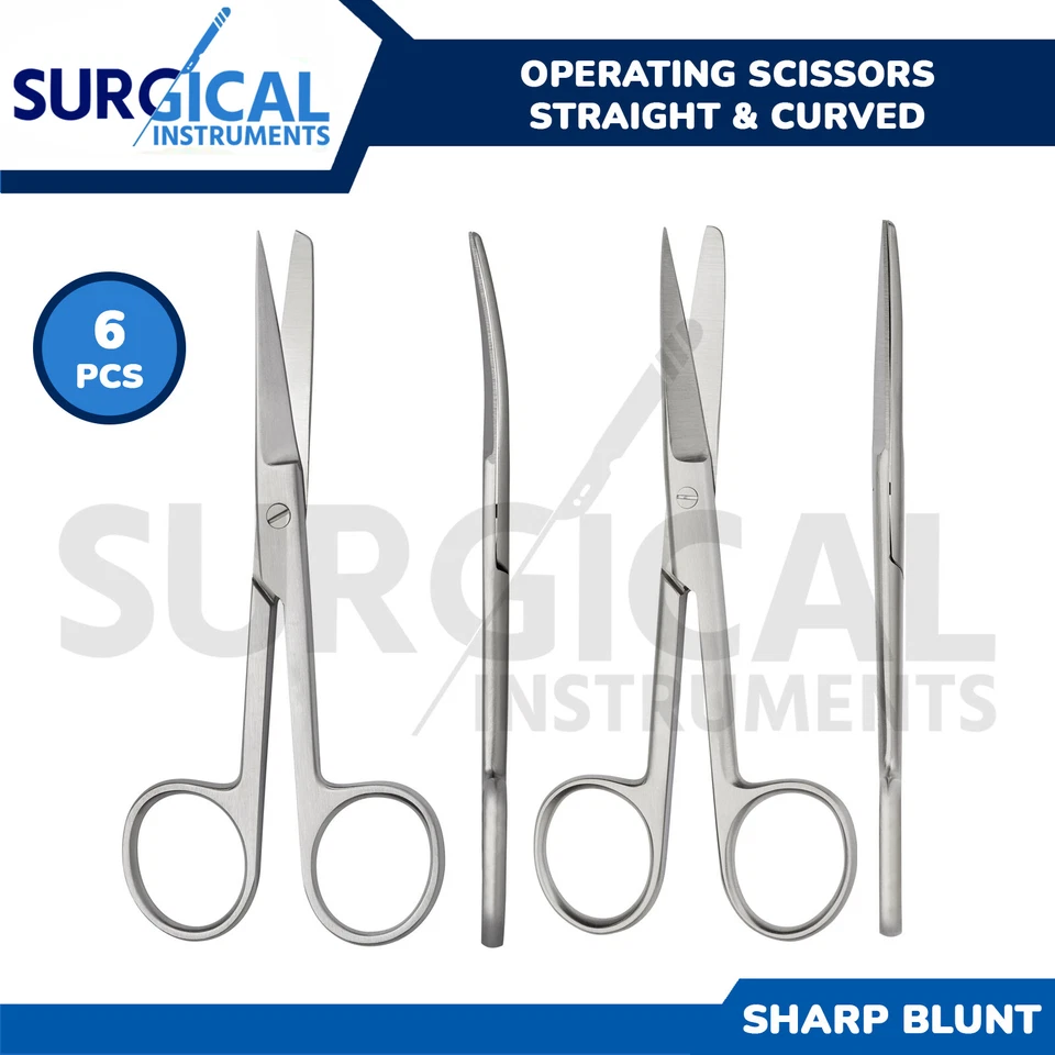 6 Operating Scissors Surgical Veterinary Instrument 6.5" Sharp Blunt Str & Cvd - Image 1 of 4