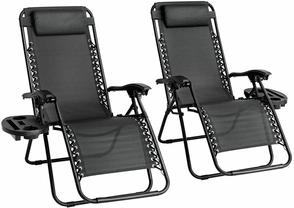 2 X RECLINING SUN LOUNGER OUTDOOR GARDEN FOLDING ZERO GRAVITY CHAIR ADJUSTABLE