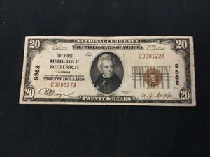 NATIONAL CURRENCY 1929 $20 Dollar Bill Banknote DIETERICH, Illinois Brown Seal!! - Picture 1 of 2