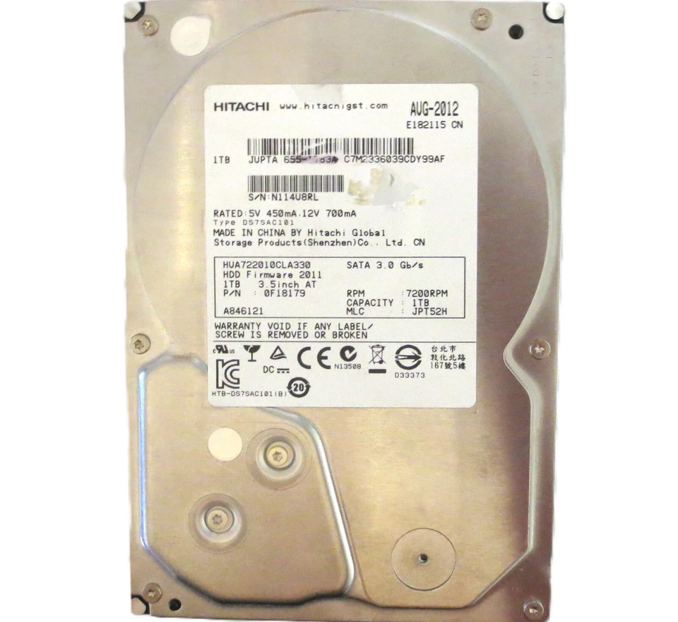 Hitachi HUA722010CLA330 0F18179 JPT52H (N11) China 1.0TB 3.5" Sata HDD AUG-2012 - Image 1 of 1