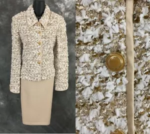 BEAUTIFUL St John collection knit beige white multi jacket skirt suit size 8 - Picture 1 of 9