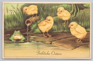 Happy Easter Four Chicks and a Frog Switzerland Postcard - Picture 1 of 2