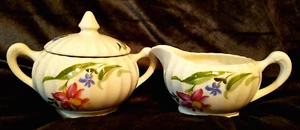 Vintage Ribbed Floral Sugar Bowl with Lid and Creamer Pitcher - Picture 1 of 4