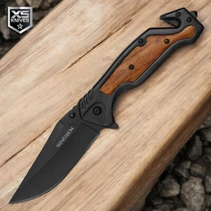 8.5" MULTITOOL Tactical SPRING ASSISTED Open Pocket Knife WOOD HANDLE Black EDC - Picture 1 of 5