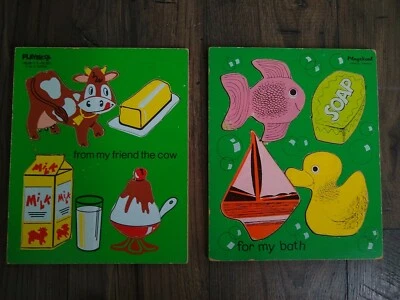 Juego de 2 rompecabezas de madera Playskool vintage para mi baño y productos lácteos de vaca Foto 1 de 4