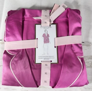 Victoria’s Secret Pyjama Damen Größe XL SS 2-teiliges Pyjama-Set Satin Hot Pink Borte Logo - Bild 1 von 5