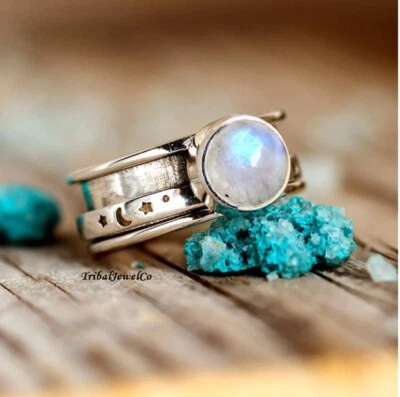 Anillo de Meditación Estrellas Luna y Piedra Lunar Inquieto Plata de Ley 925 Foto 1 de 4