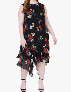 NWT Calvin Klein Handkerchief Hem Ruffle Midi Dress Black Floral Plus Sz 20 - Picture 1 of 7