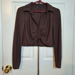 Zara Brown Cinched Ruched Chest Cropped Long Sleeved Top V Neck Fitted Size M - Picture 1 of 9