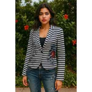 Desigual Womens 10 Blazer Blue Striped One Button White Blue Artsy Colorful Y2K - Picture 1 of 18