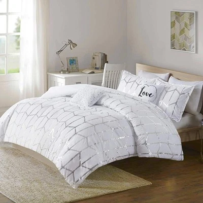 Intelligent Design Raina Cal King White Silver Metallic Geometric Comforter Set - Image 1 of 4