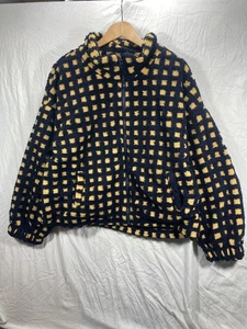 FUZZY SHERPA JACKET XL Yellow Checker Faux Fur Oversized Knit Full Zip - Picture 1 of 24