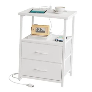 White Night Stand with Charging Station, Bedroom Nightstand with Fabric - Picture 1 of 7