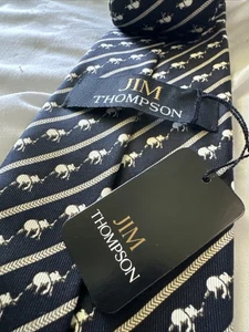 NWT JIM THOMPSON Men’s 100% Silk, Dark Blue w/Elephants Neck Tie - Picture 1 of 3