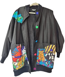 VTG Silkscapes Embroidered Art Jacket Cats Size S Oversized 80s Rare HTF - Bild 1 von 8