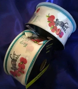 Wire Crafting Ribbon School Red Apples & Mouse-Mice 1 1/2" x 12ft 2 Rolls - Picture 1 of 3