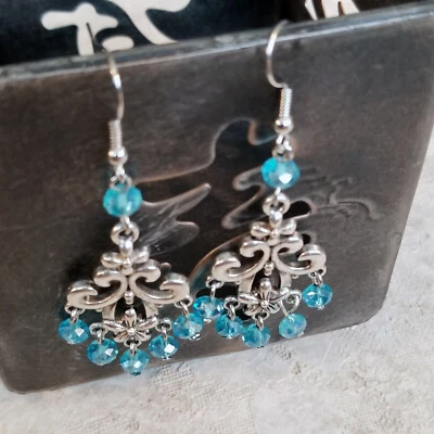 Victorian Blue Faceted Crystal Art Nouveau Silver Scroll Chandelier Earrings - Image 1 of 4